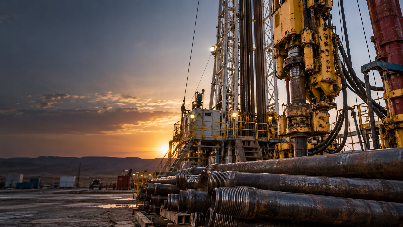 Oilfield drilling equipment and industrial steelwork in warm natural light